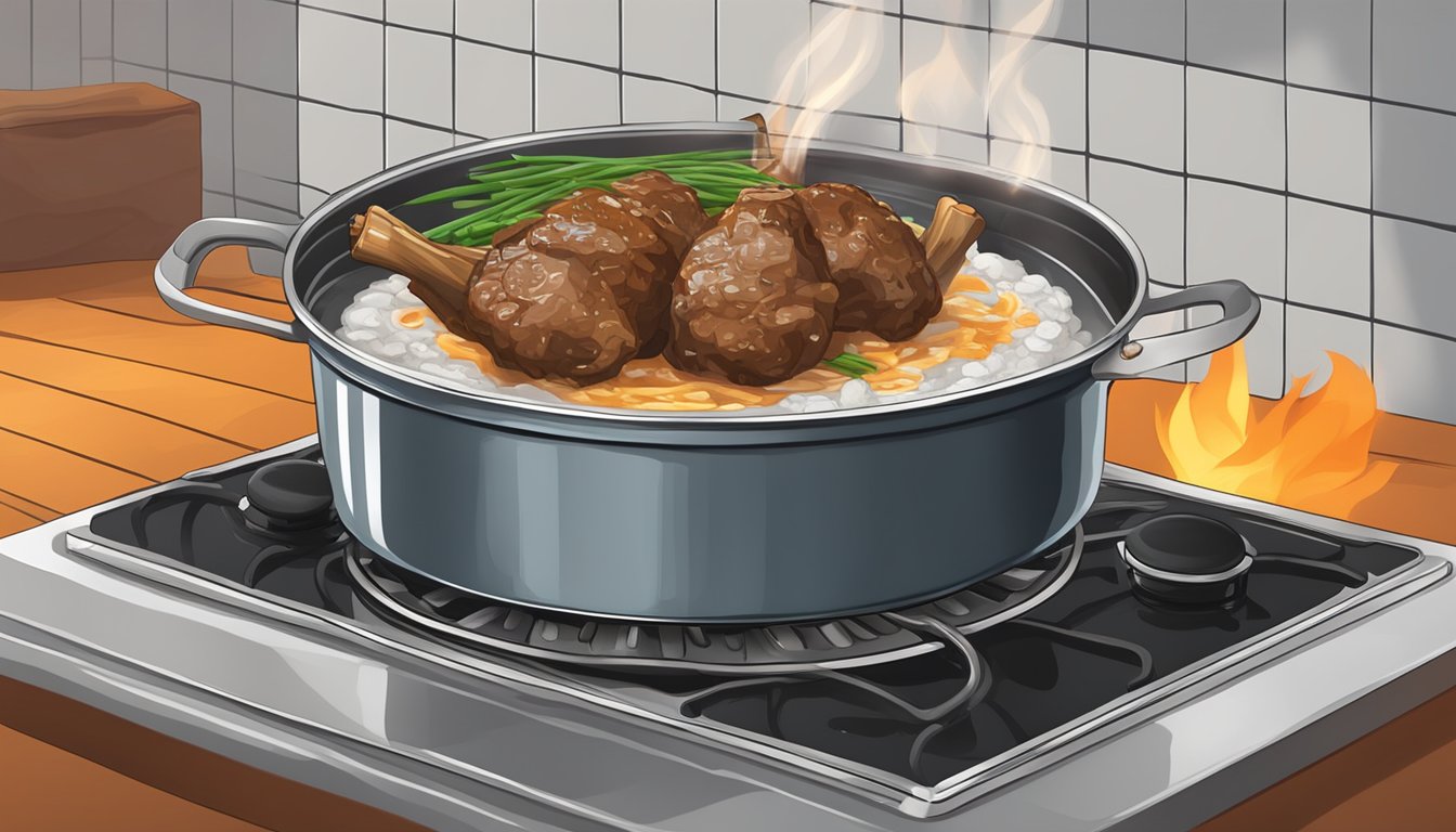 Fresh lamb shanks boiling in a pot of water over a stovetop flame