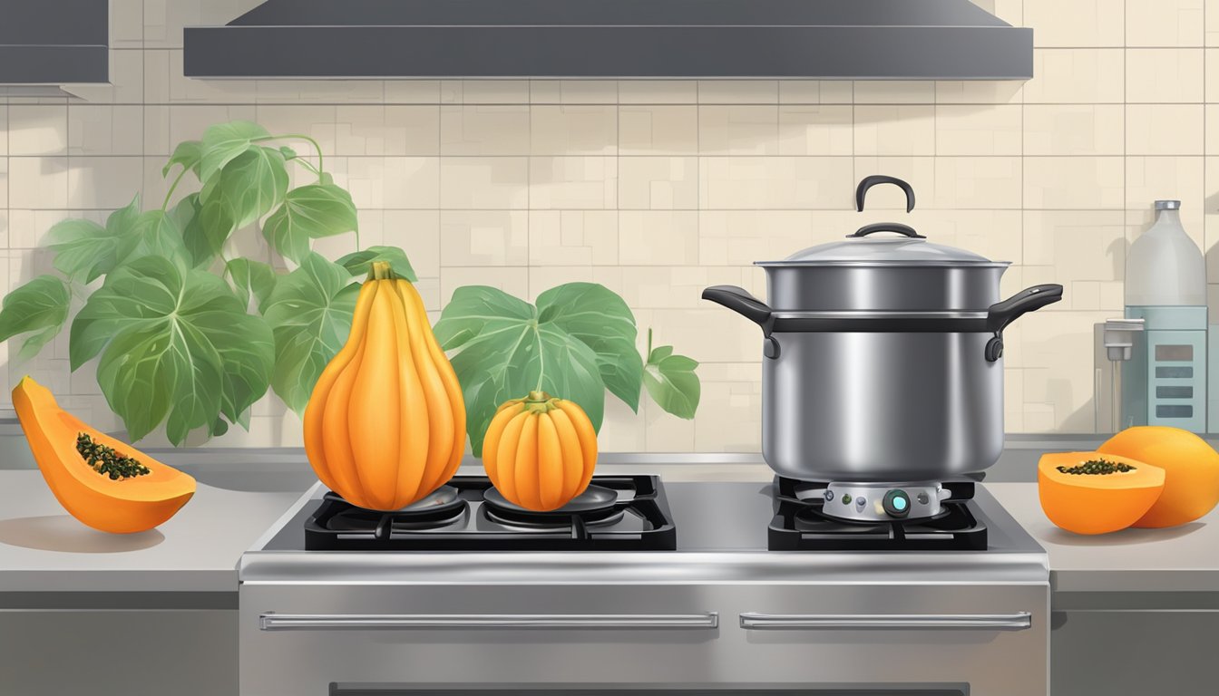 A pot of water boiling on a stove, with a fresh papaya sitting on the counter next to it