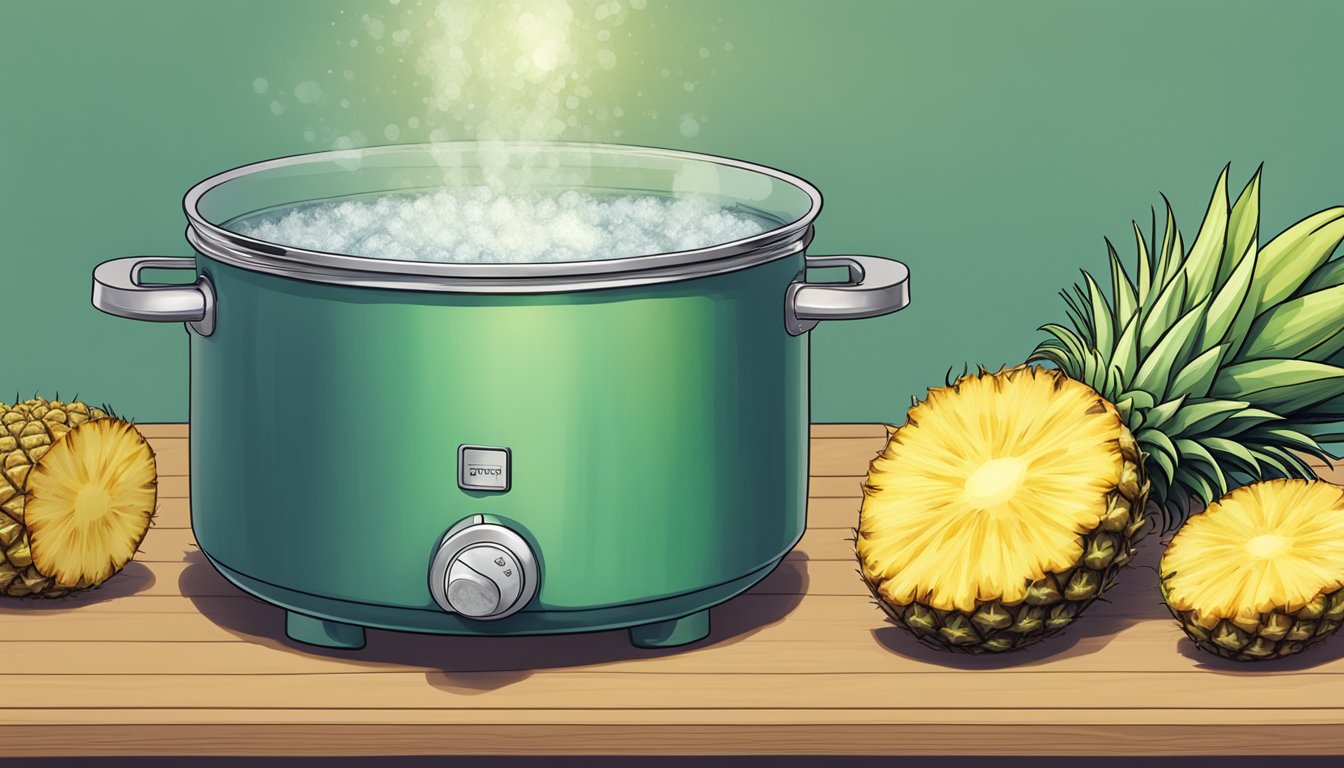 A pot of boiling water with a whole pineapple being lowered in