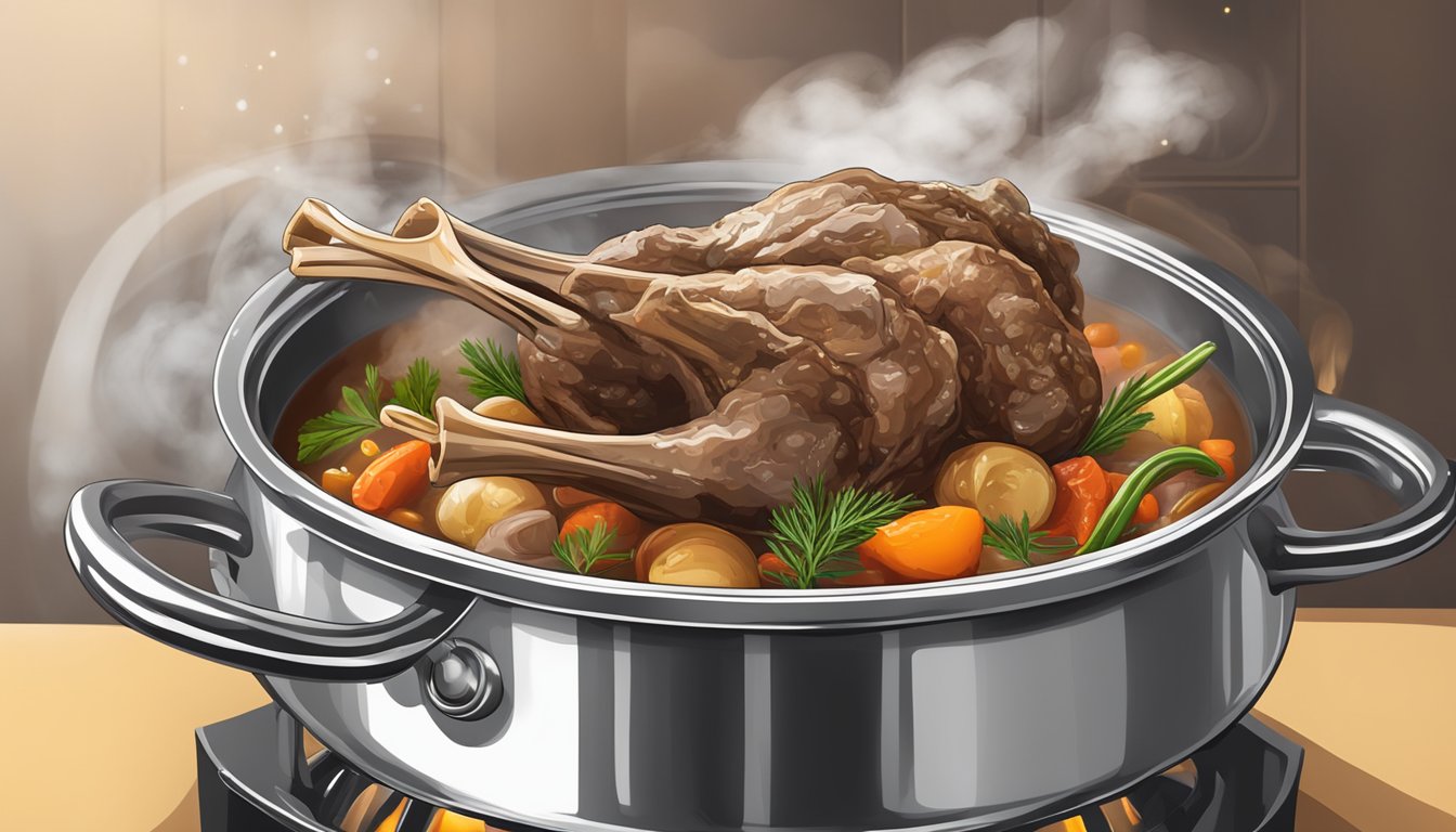 Fresh lamb shanks in a pot with aromatic ingredients, surrounded by steam, boiling on a stove