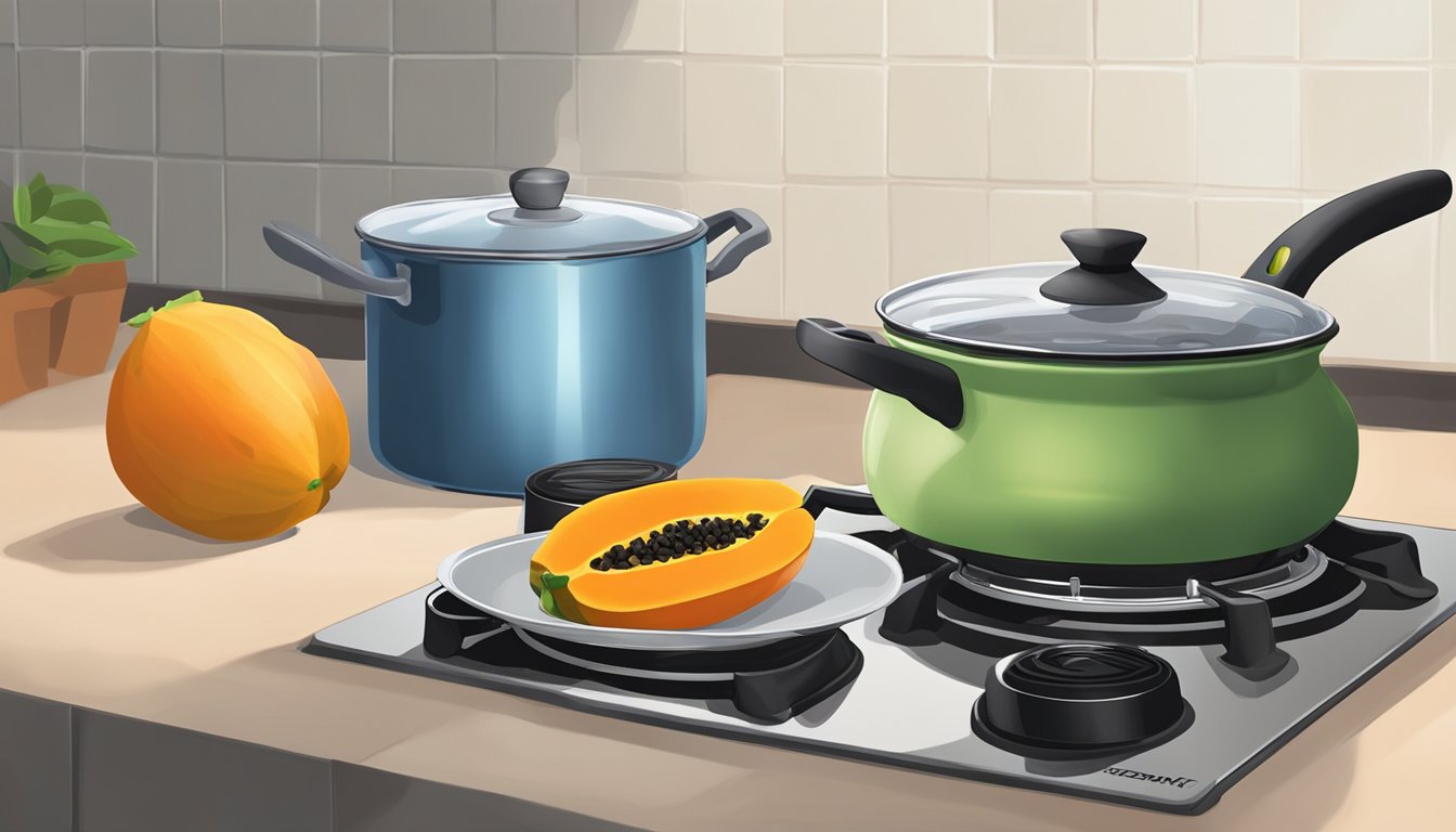 A pot of water boiling on a stovetop with a fresh papaya next to it