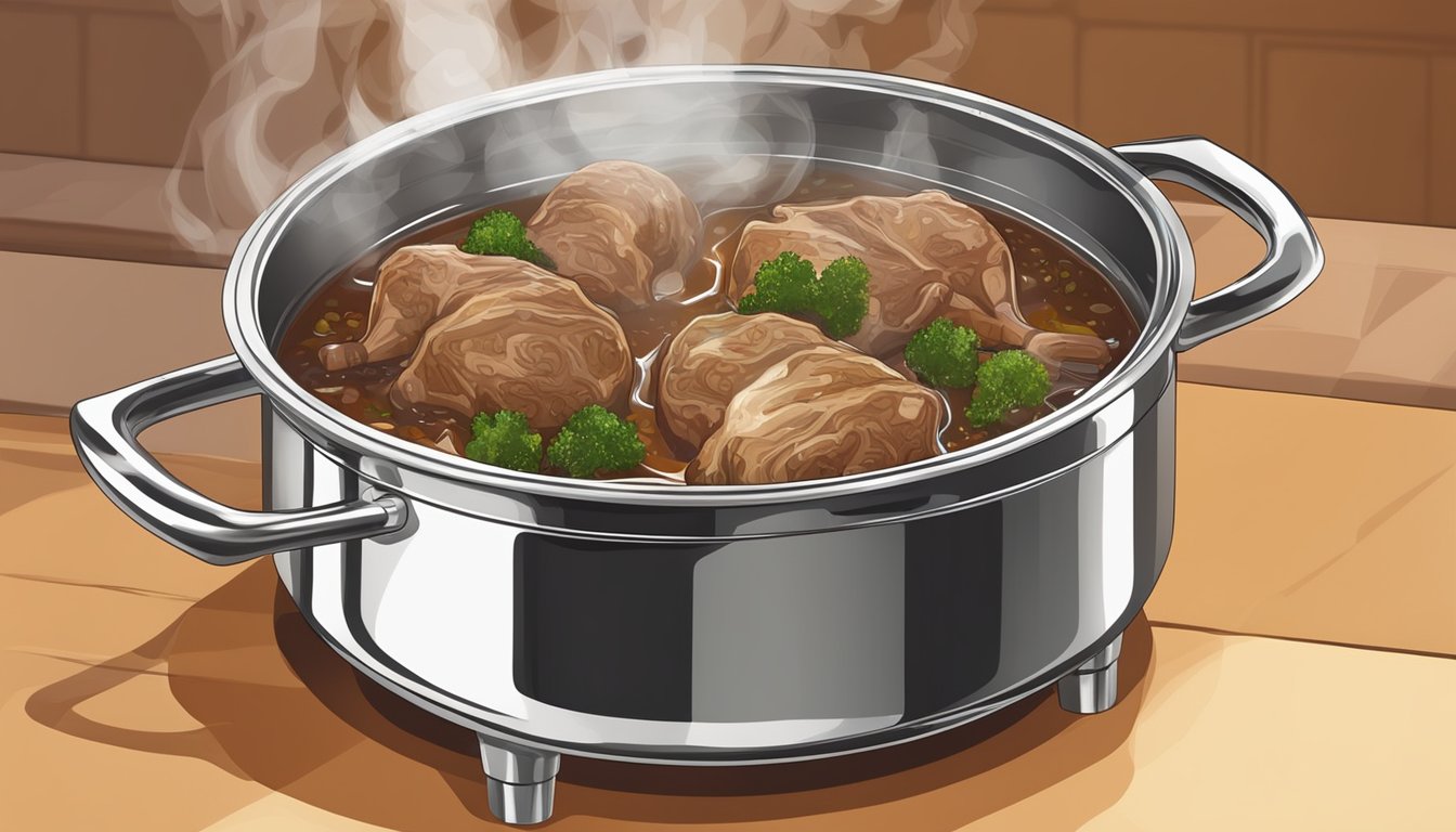 Fresh lamb shanks simmer in a pot of aromatic braising liquid on a stovetop. Steam rises as the liquid boils, infusing the meat with flavor