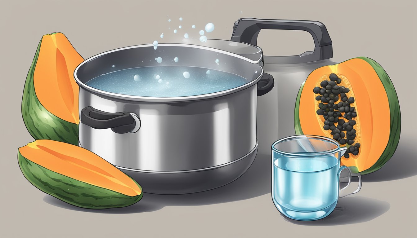 A pot of water boiling with a fresh papaya next to it