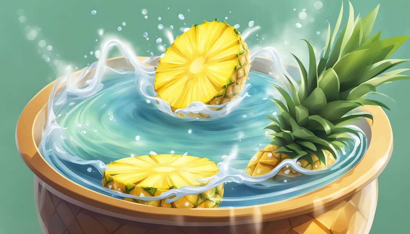 A pot of boiling water with fresh pineapple slices floating inside, emitting a sweet aroma