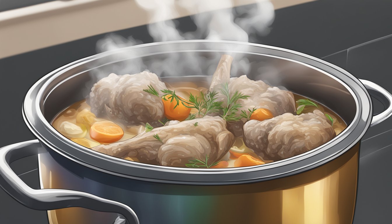 Fresh lamb shanks simmer in a pot of boiling water, steam rising, as a timer ticks nearby