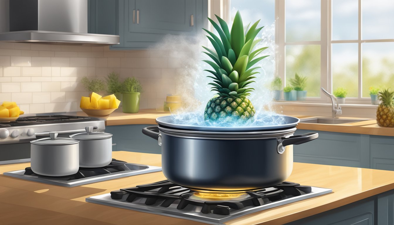 A pot of water on a stove, with a whole fresh pineapple floating inside, surrounded by steam