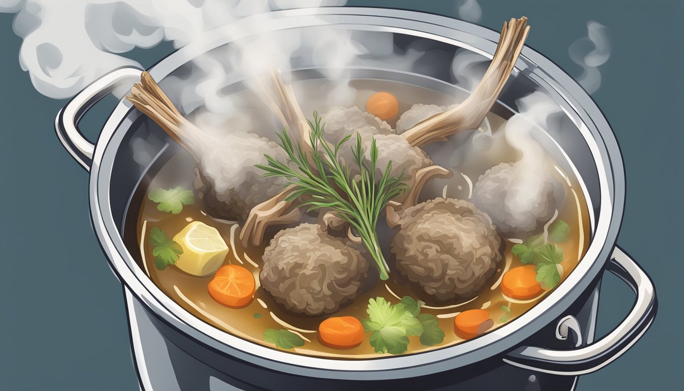 A pot of boiling water with three fresh lamb shanks submerged and steam rising