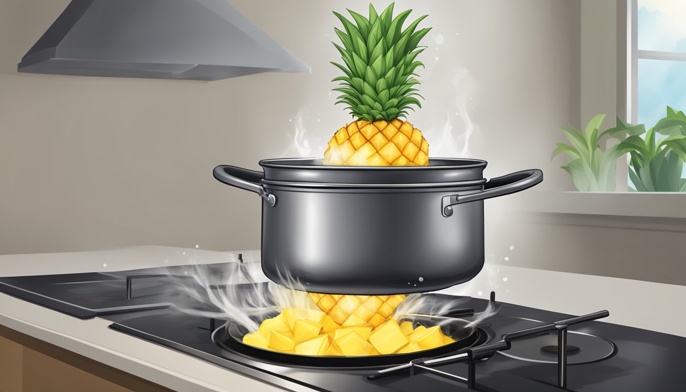 Fresh pineapple being boiled in a pot on a stove, releasing its sweet aroma as it simmers, ready to be used for toppings and glazes