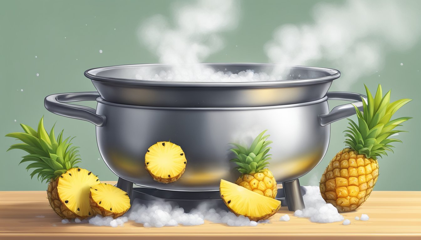 A pot of boiling water with fresh pineapple chunks inside, steam rising as they cook for toppings and glazes