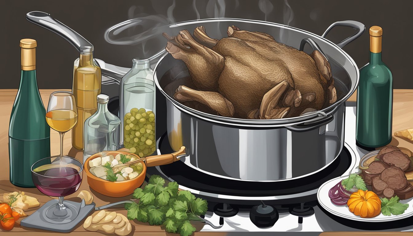 A pot of water boiling on a stove, with fresh lamb shanks waiting to be added, surrounded by various wine bottles and side dish ingredients