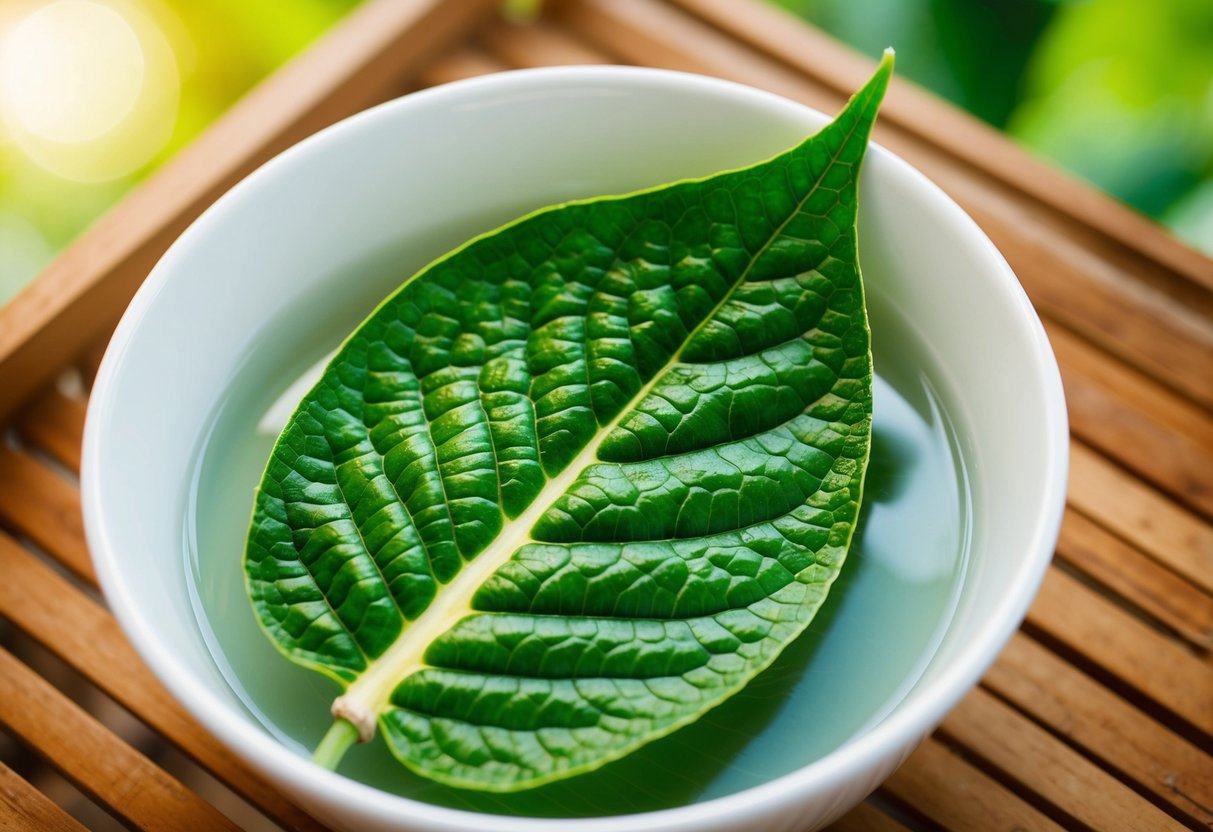 Uma folha de goiaba repousa em uma tigela de água para um banho de assento herbal.