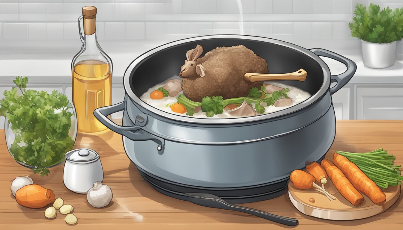 A pot of boiling water with fresh lamb shanks being added