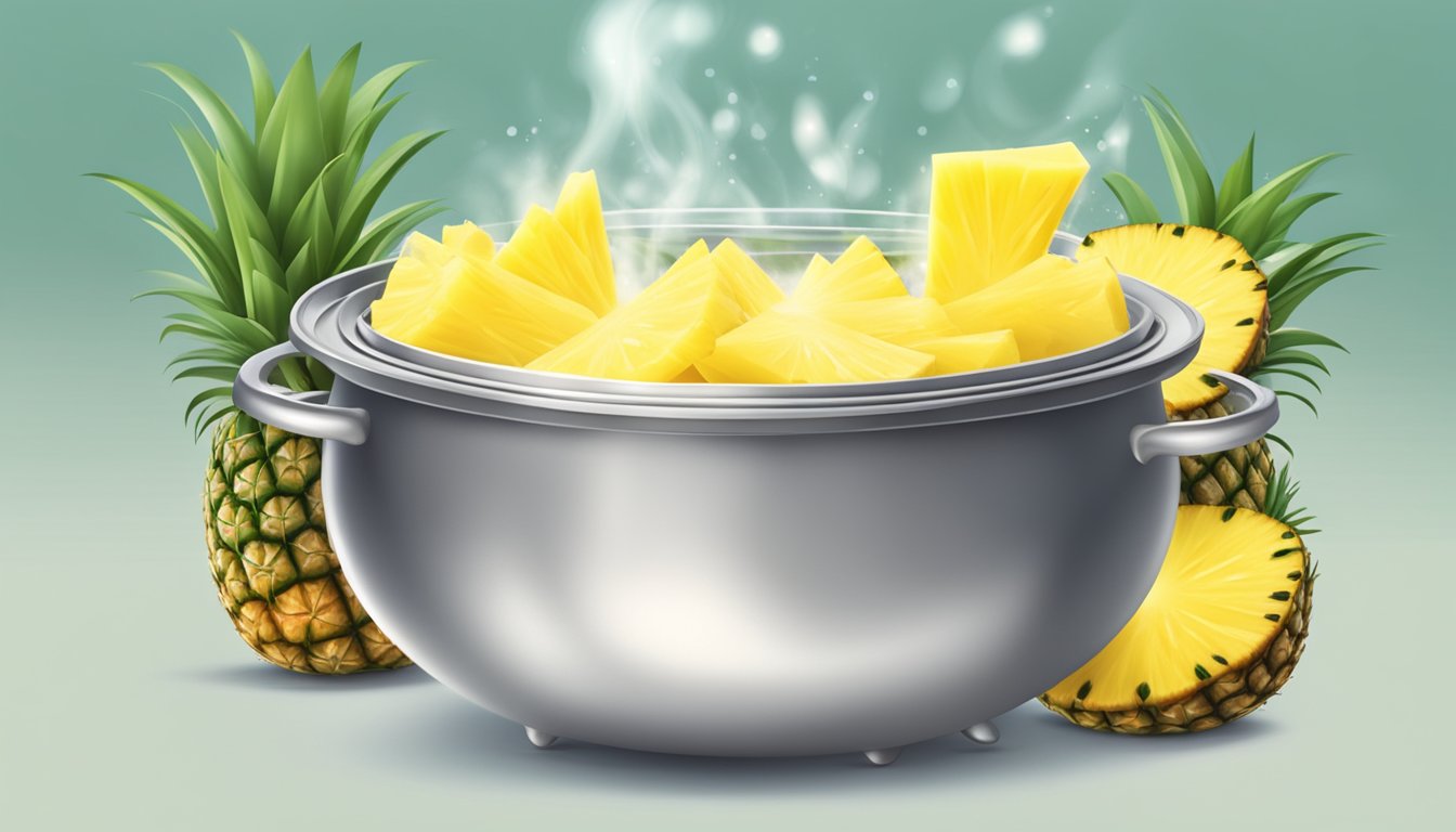 A pot of boiling water with fresh pineapple slices floating on the surface, emitting steam and releasing a sweet aroma