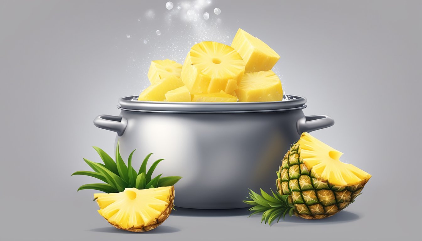 A pot of boiling water with freshly cut pineapple chunks floating inside, emitting a sweet aroma