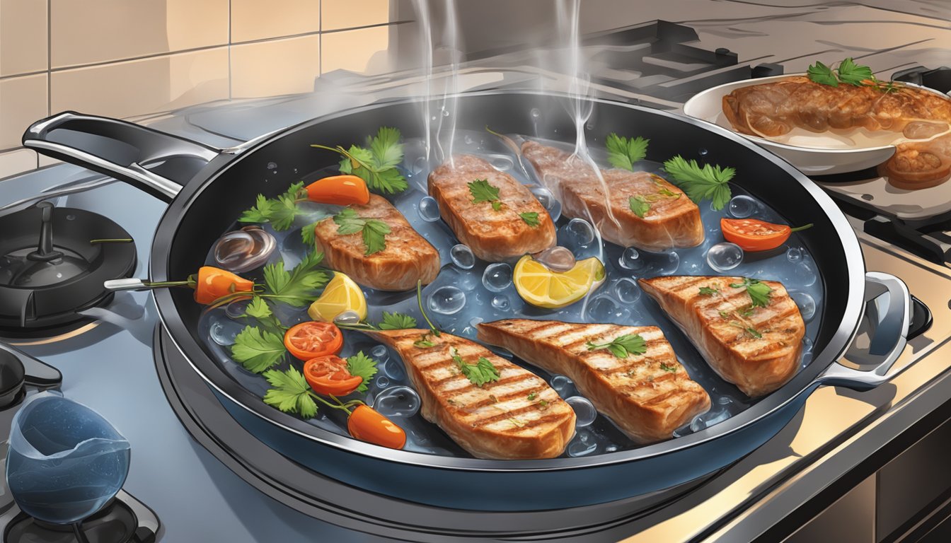 Swordfish steaks and kebabs boiling in a pot of water on a stovetop, with bubbles rising to the surface