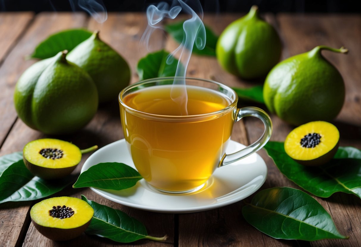 Uma xícara fumegante de chá de graviola cercada por frutas e folhas de graviola frescas em uma mesa de madeira rústica