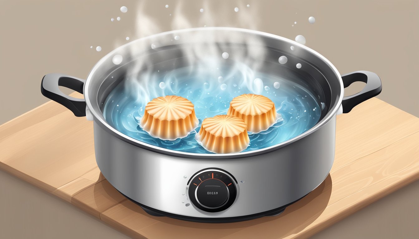 Fresh scallops boiling in a pot of water, steam rising, timer set