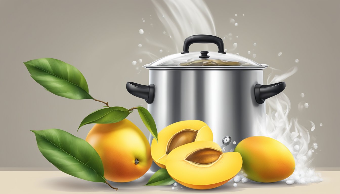 A pot of boiling water with fresh mangoes being dropped in, steam rising, and a timer set nearby