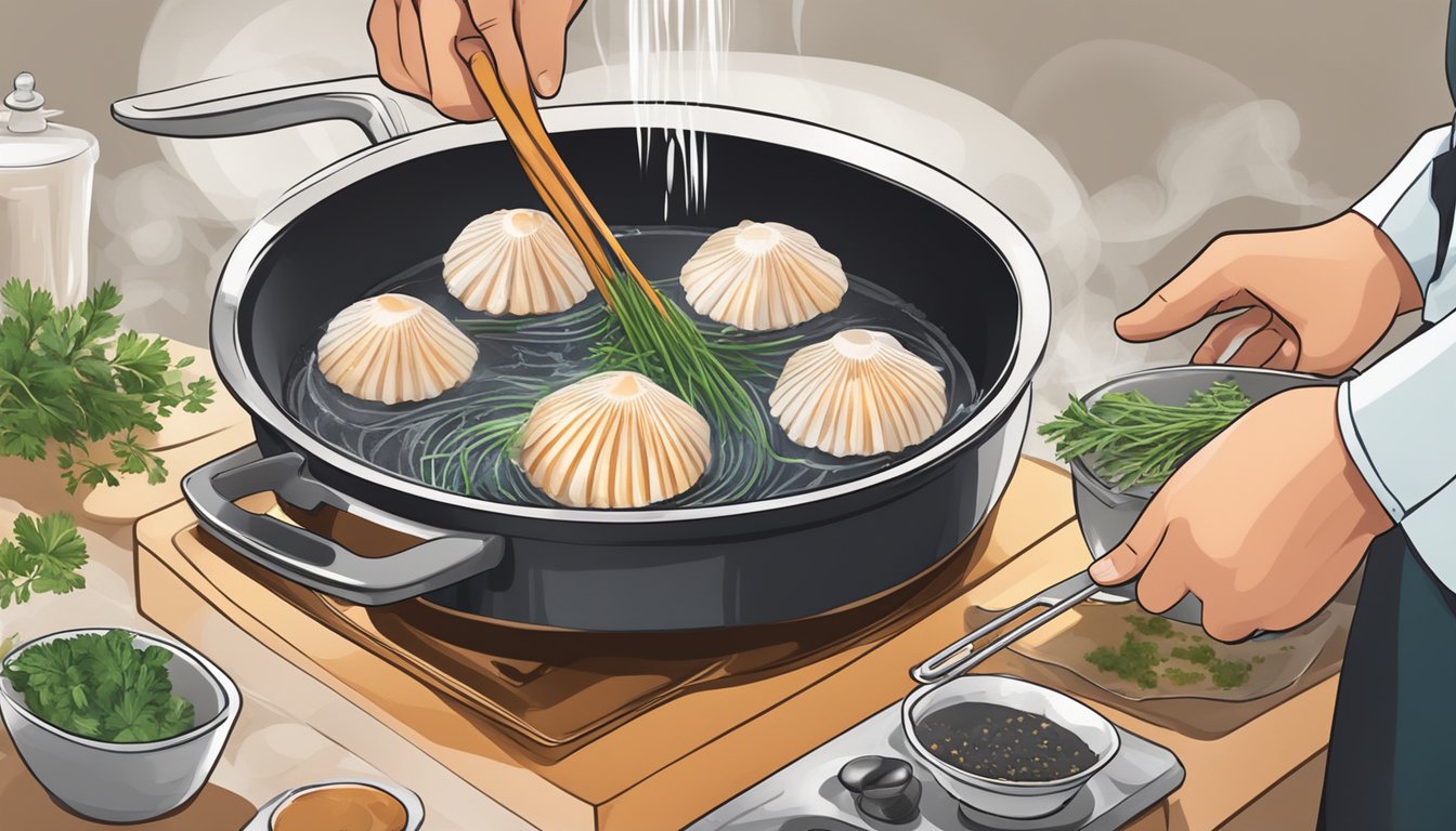 Fresh scallops being boiled in a pot of simmering water, with a chef adding seasoning and herbs for flavor