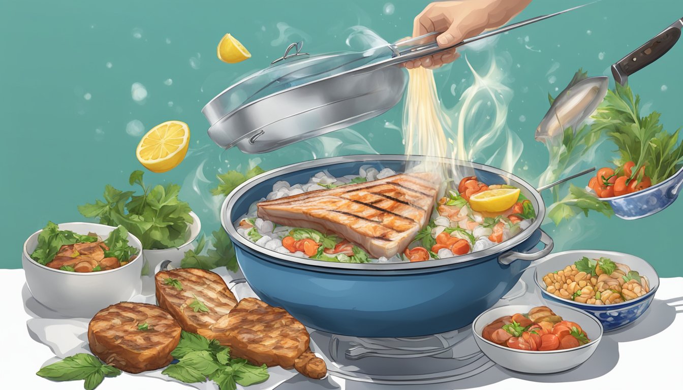 A pot of boiling water with fresh swordfish steaks and kebabs being dropped in