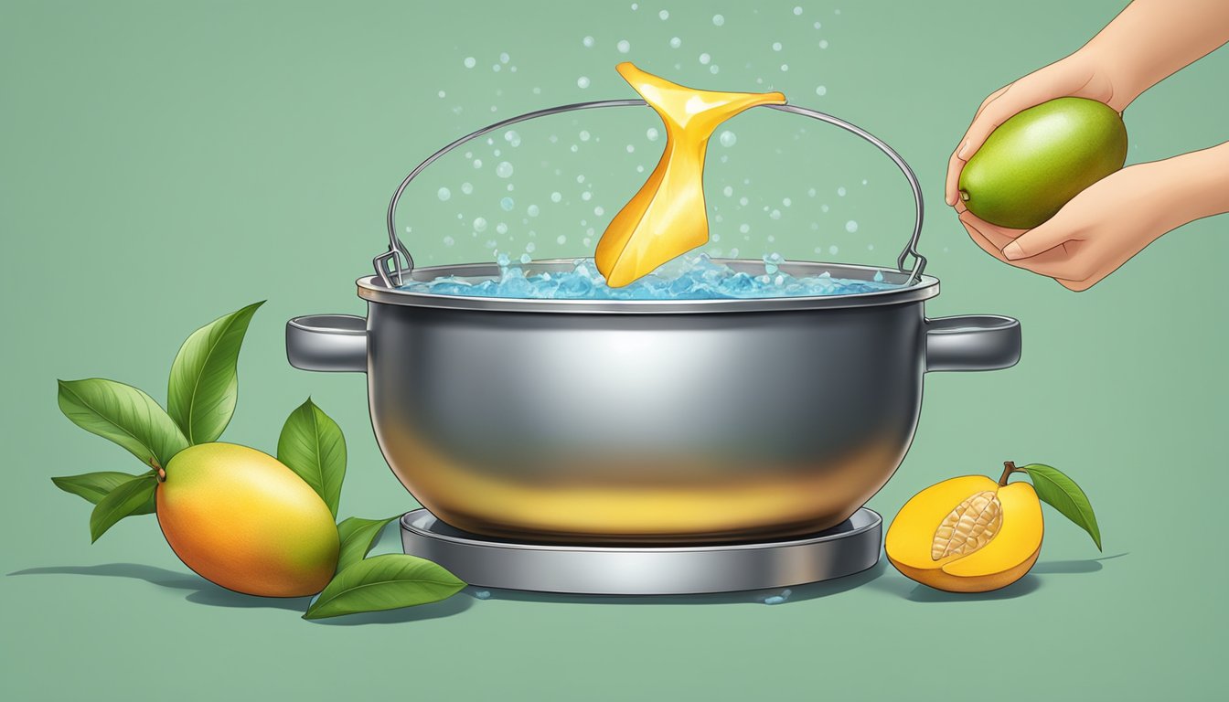 A pot of boiling water with a ripe mango being lowered in