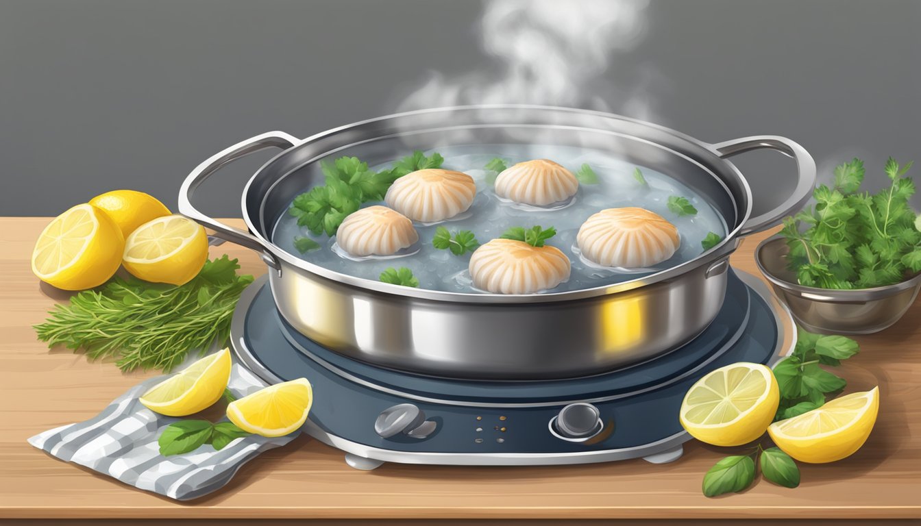 Fresh scallops in a pot of boiling water, steam rising. Timer set nearby. Lemon and herbs on a cutting board