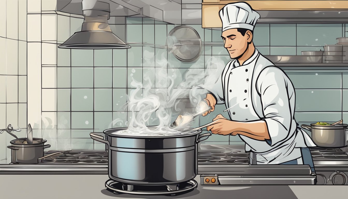 A chef carefully timing the boiling of fresh swordfish steaks and kebabs in a pot of bubbling water on a stove