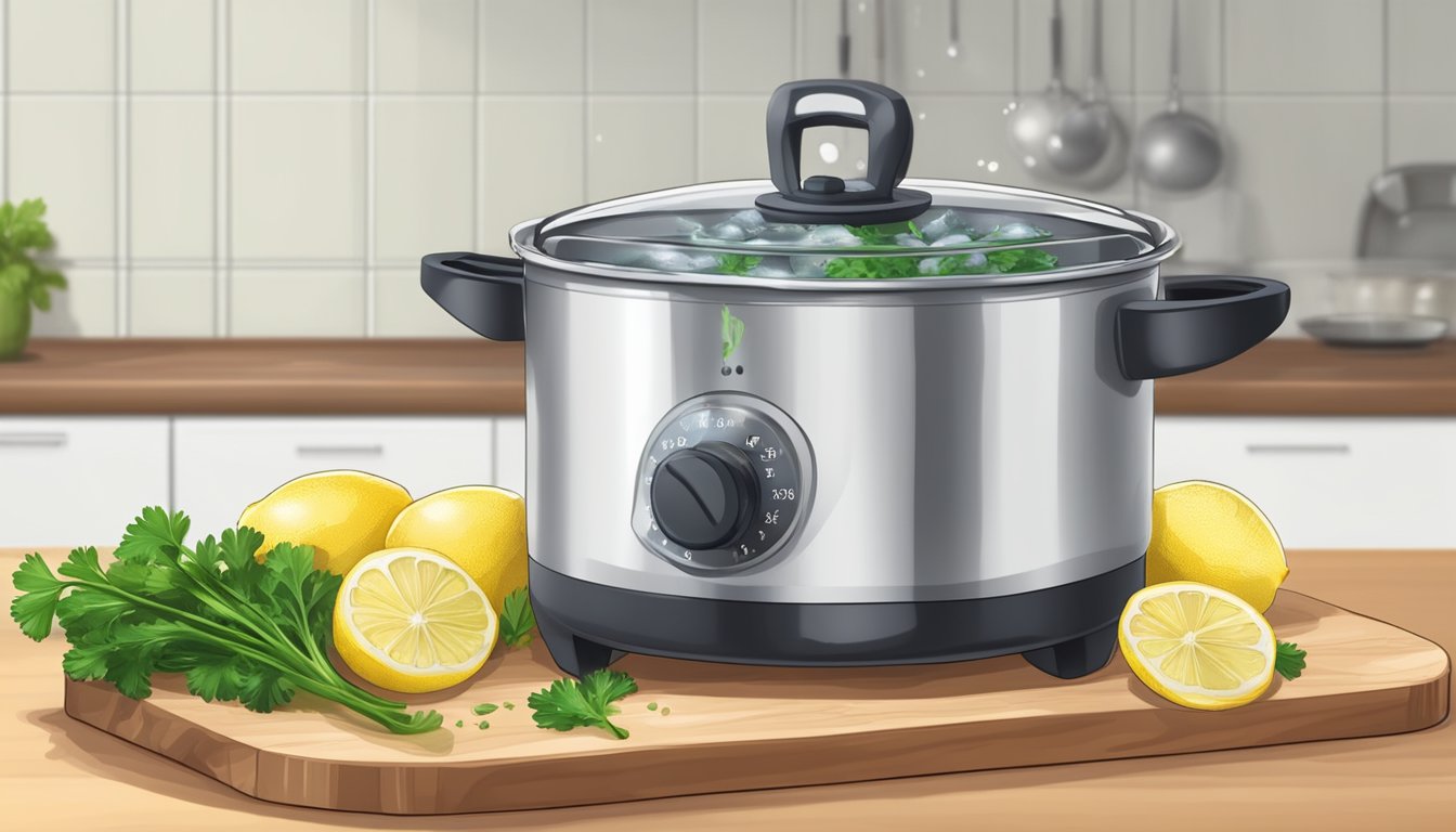 A pot of boiling water with fresh scallops being dropped in, a timer set nearby. Lemon wedges and parsley on a cutting board for garnishing