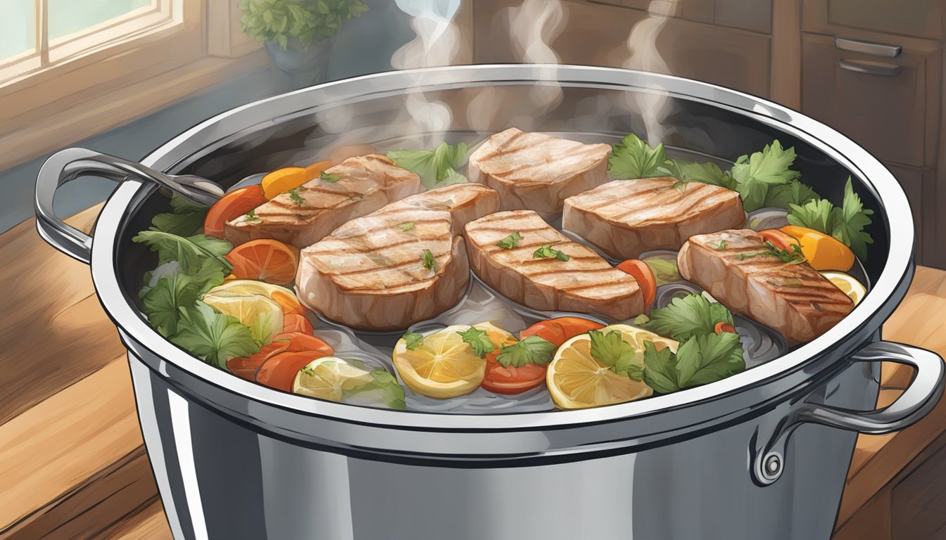 A pot of boiling water with fresh swordfish steaks and kebabs being gently lowered in