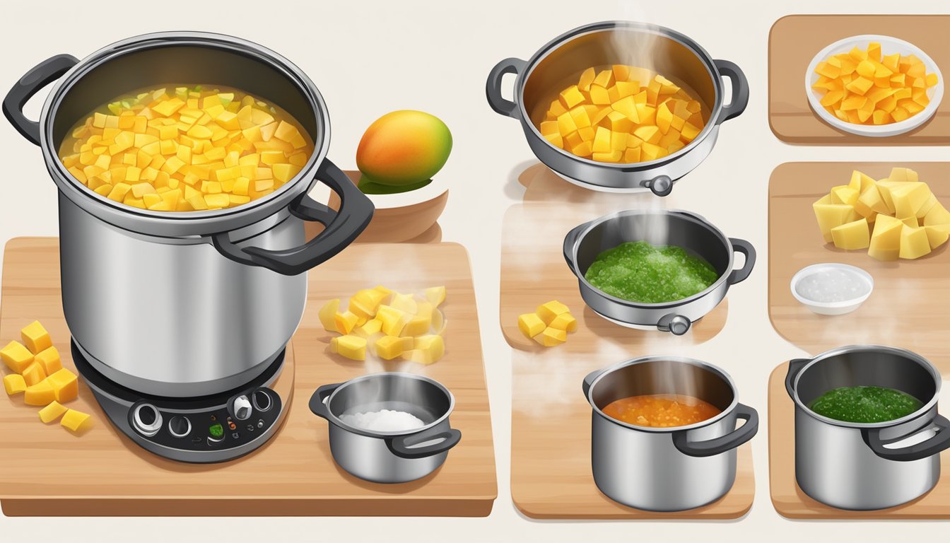 A pot of boiling water with fresh mango chunks being added for chutneys and salsas