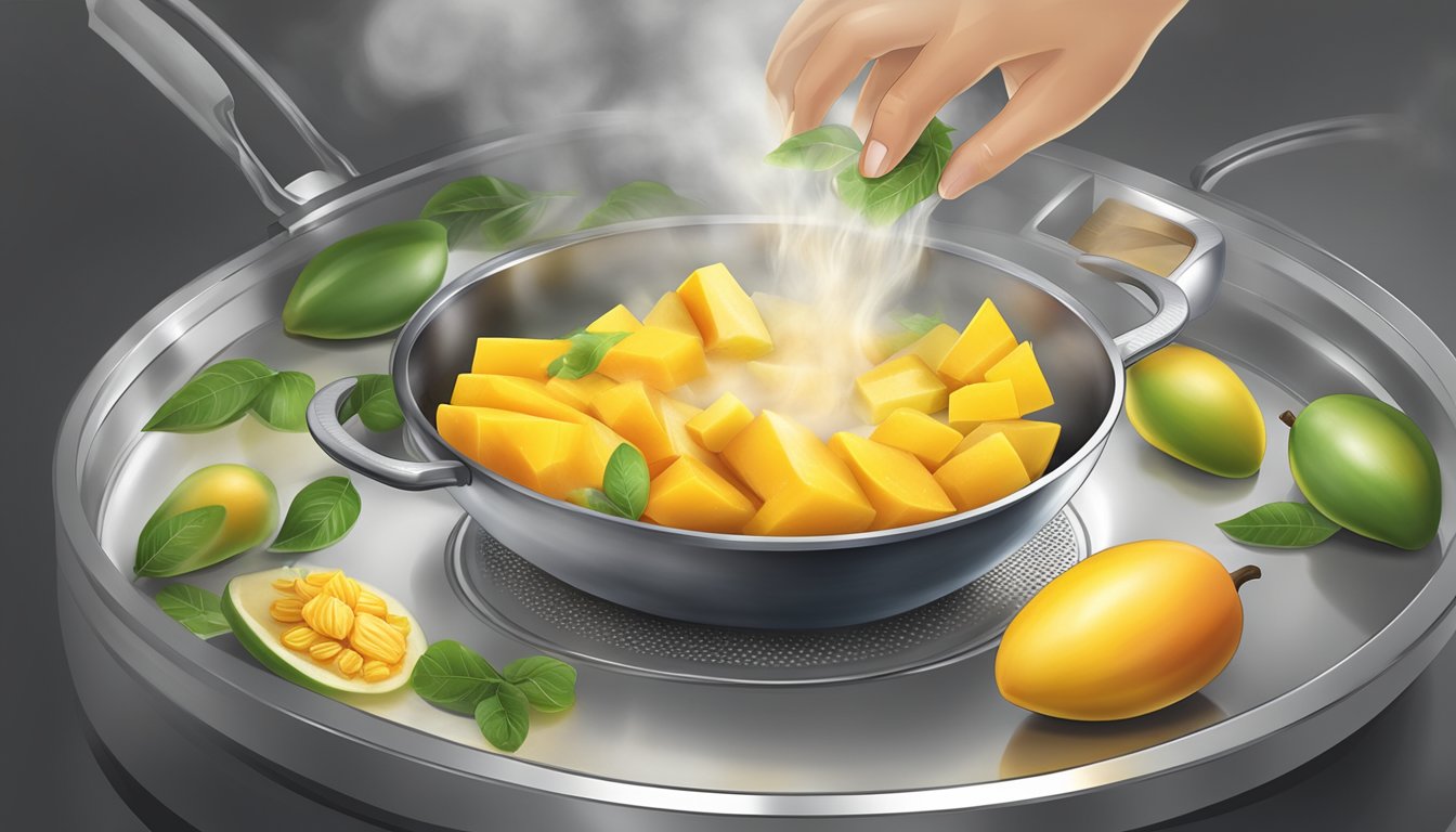 Fresh mango being sliced and placed in a pot of boiling water, steam rising as it cooks for chutneys and salsas