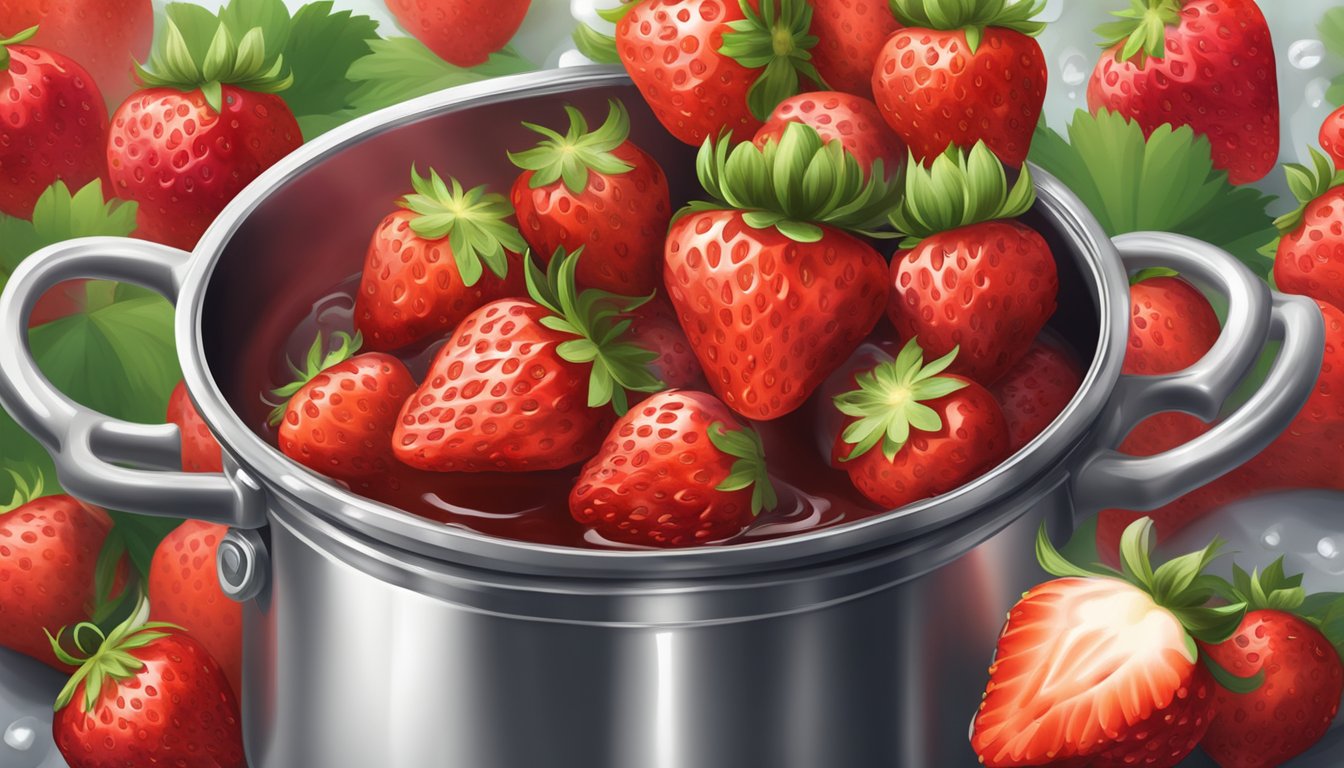 Fresh strawberries boiling in a pot, releasing their vibrant red color and sweet aroma, as steam rises and fills the kitchen