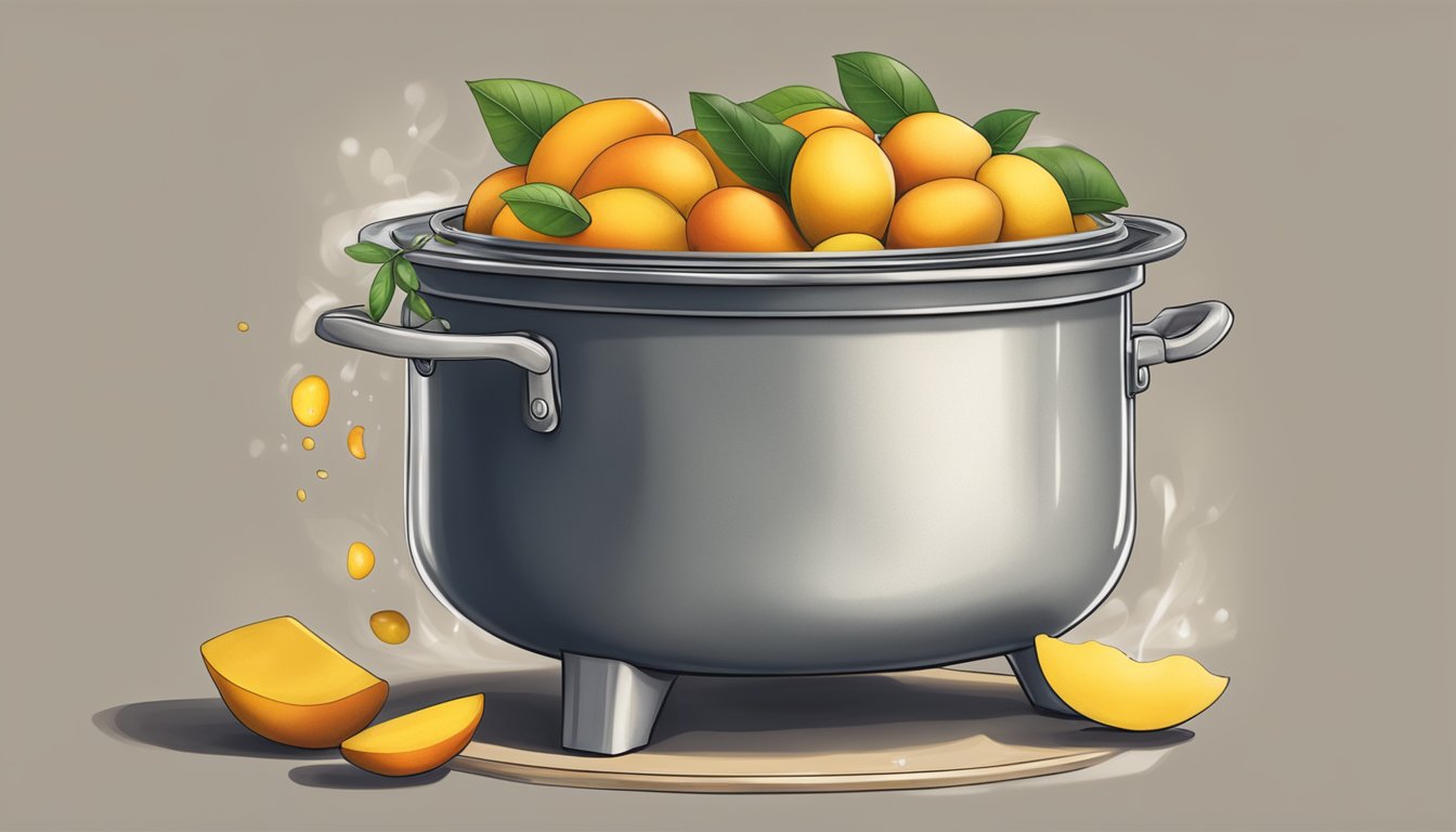 A pot of boiling water with fresh mangoes being dropped in for chutneys and salsas