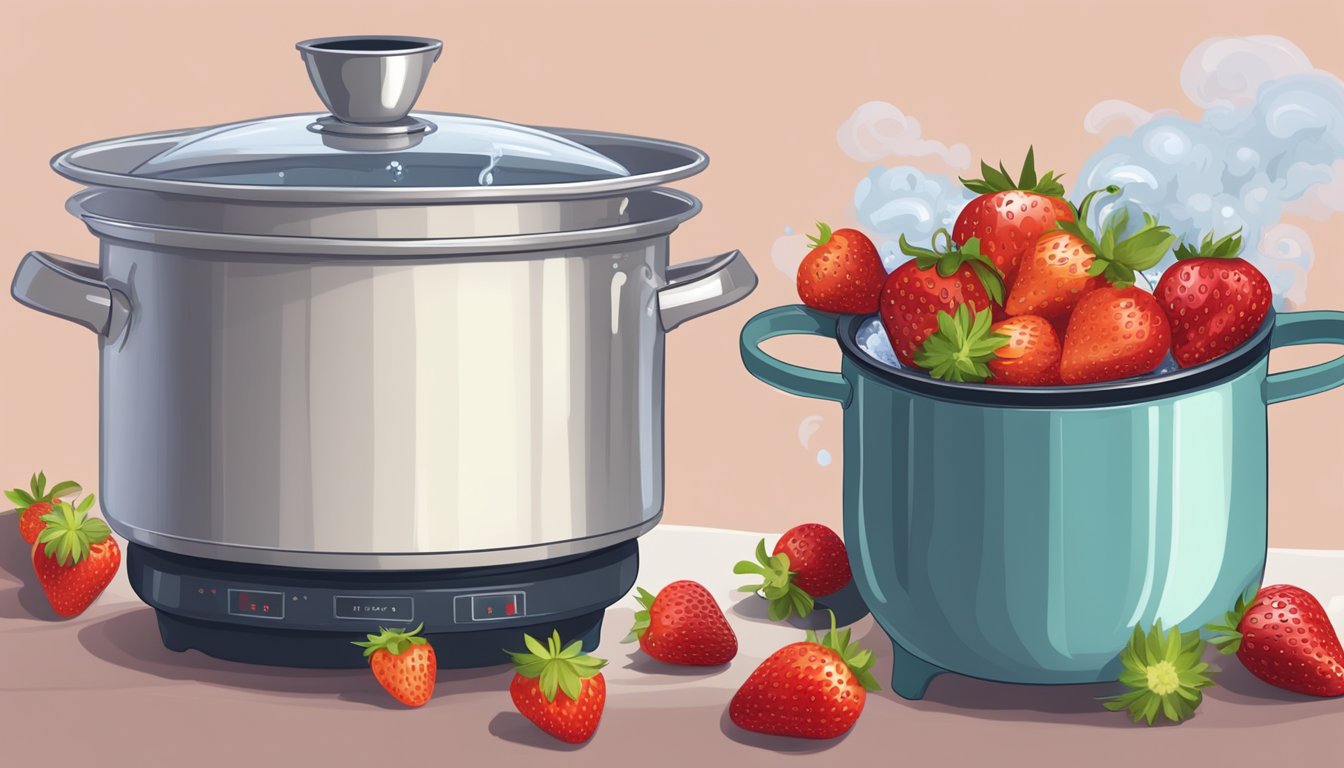 Fresh strawberries in a pot of boiling water, steam rising, as a timer sits nearby, indicating the perfect duration for creating syrups and desserts