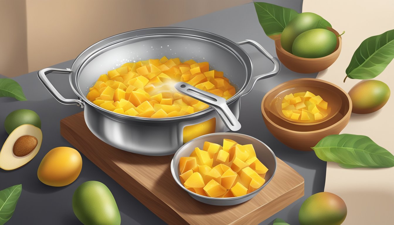 A pot of boiling water with fresh mangoes being dropped in for chutney and salsa preparation