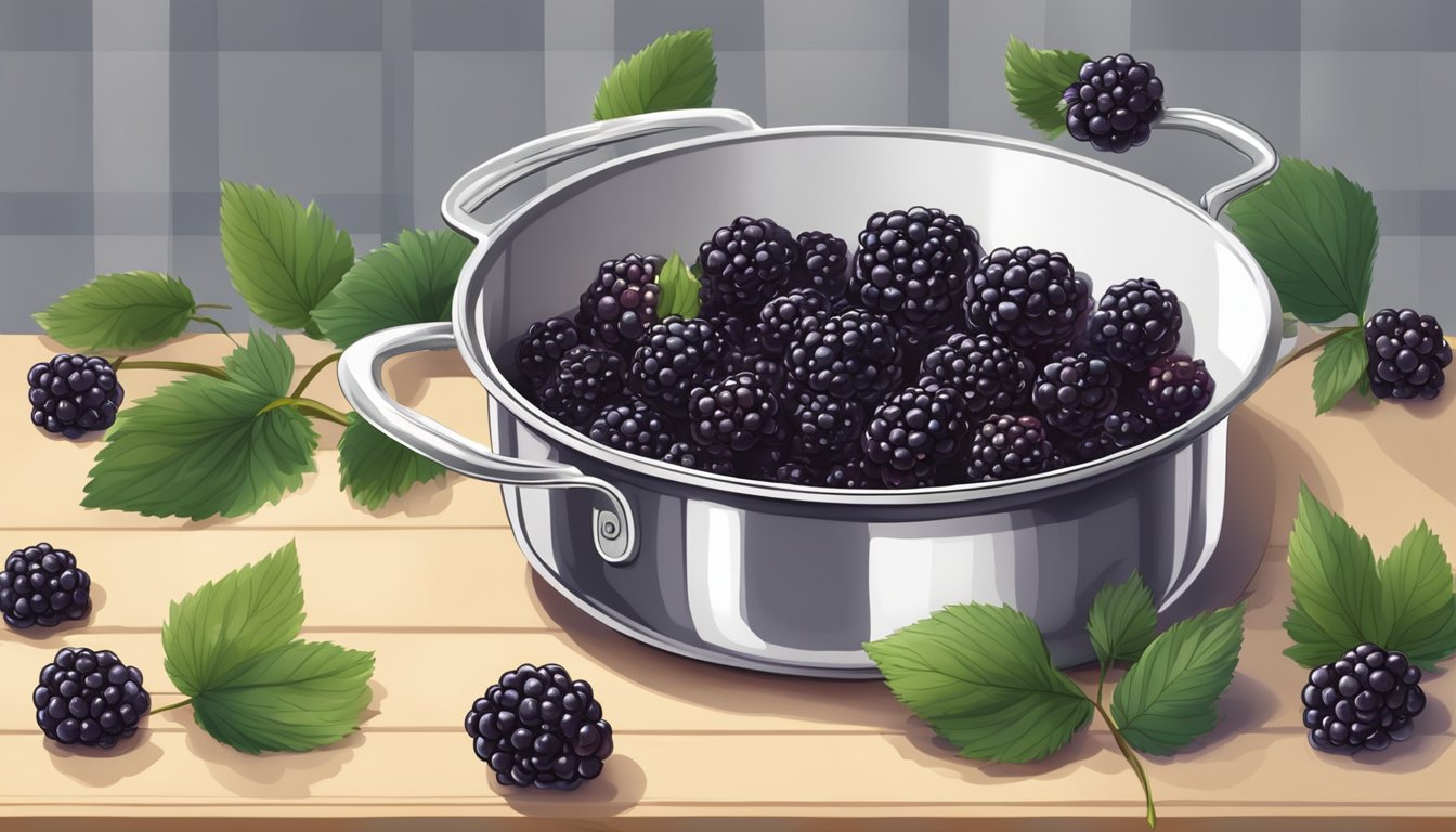 Fresh blackberries simmer in a pot, releasing their sweet aroma as they boil to perfection for homemade jam and pies