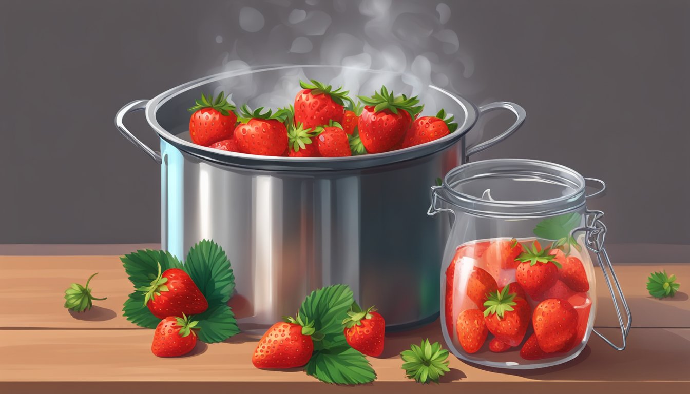 Fresh strawberries boiling in a pot, releasing their vibrant red color and sweet aroma, while a glass jar sits nearby, ready to store the homemade syrup