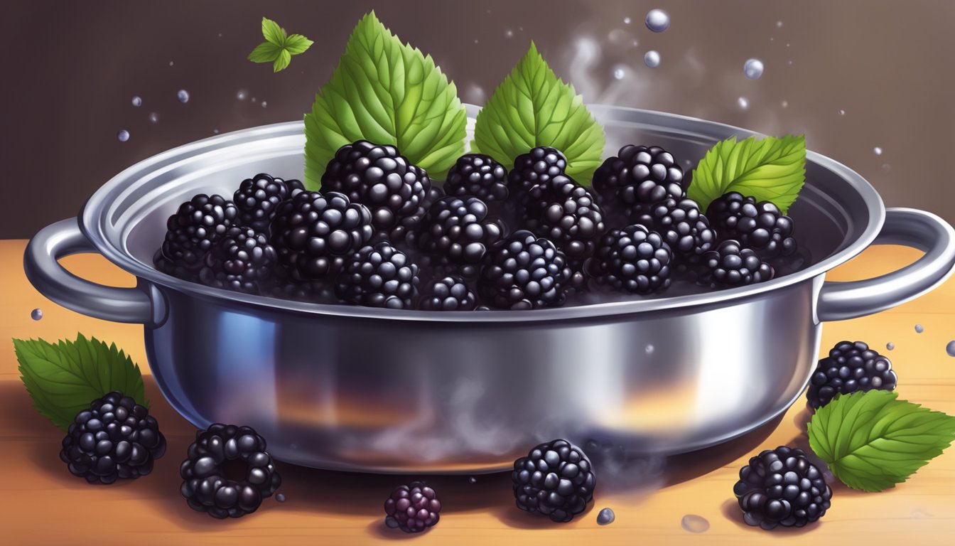 Fresh blackberries simmering in a pot of boiling water, releasing their vibrant color and sweet aroma