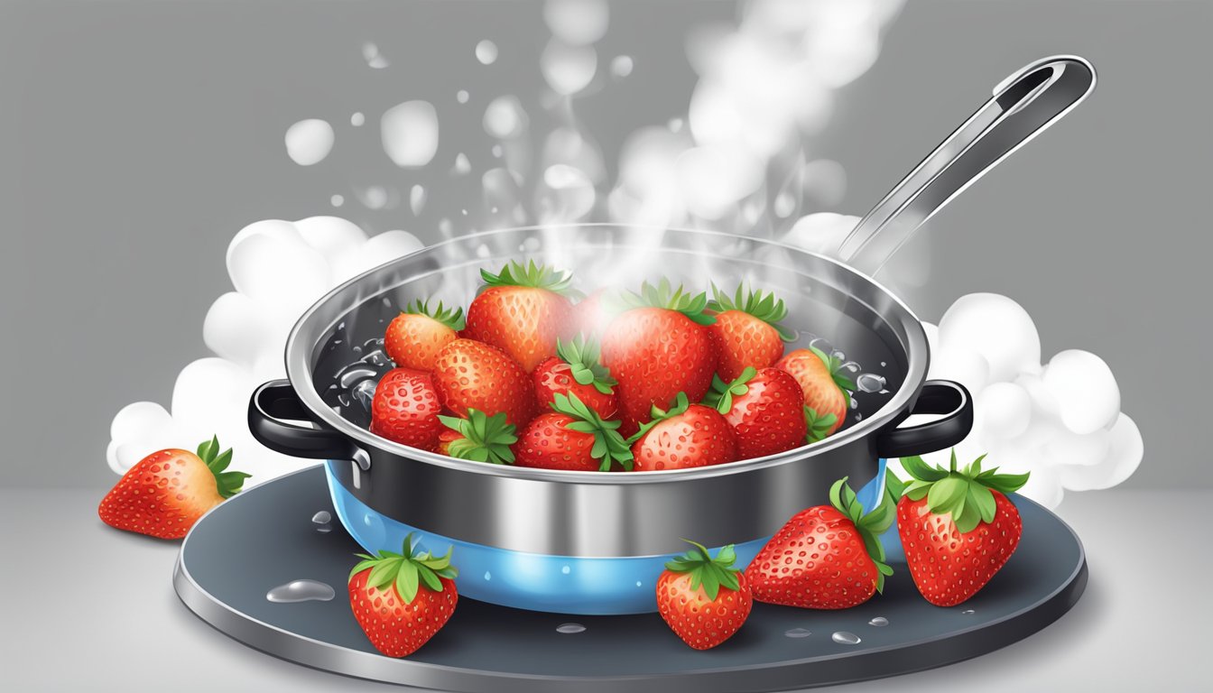 Fresh strawberries boiling in a pot, releasing their sweet aroma as the syrup thickens, ready to be used in perfect desserts