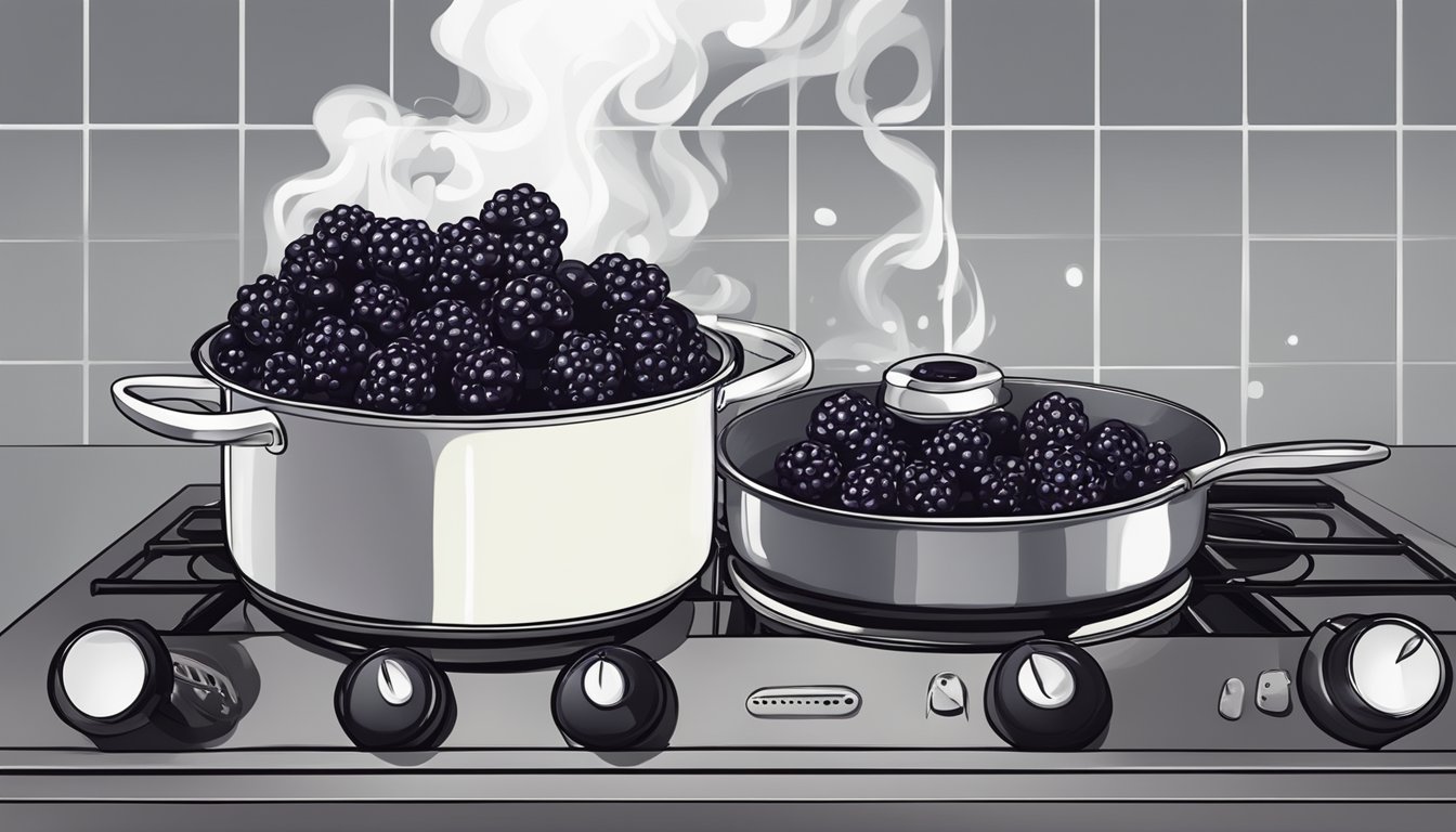 Fresh blackberries boiling in a pot on a stovetop, releasing steam as they cook to perfection for making jam and pies