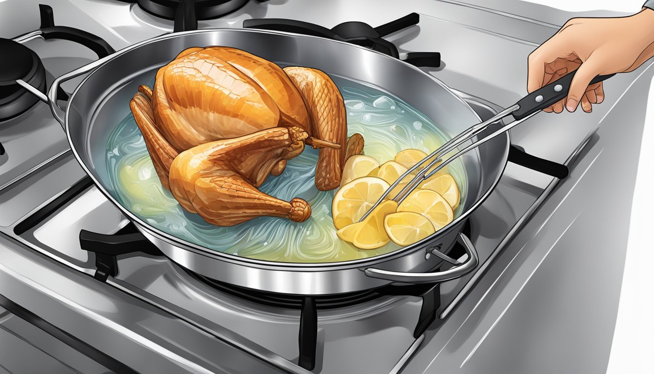 A pot of water boiling on the stove, with a fresh turkey breast being carefully placed into the pot using tongs