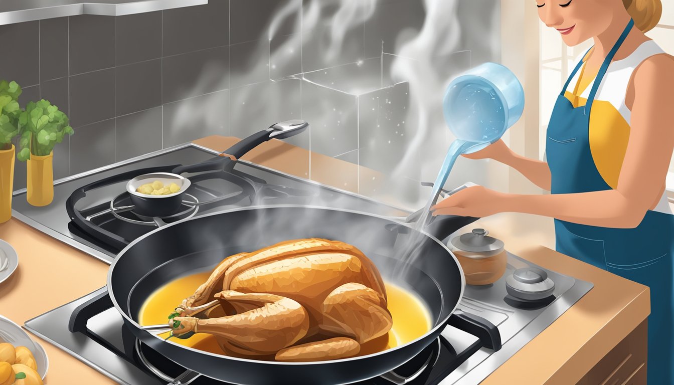 A pot of water boiling on a stovetop, with a fresh turkey breast being lowered into it using a pair of tongs