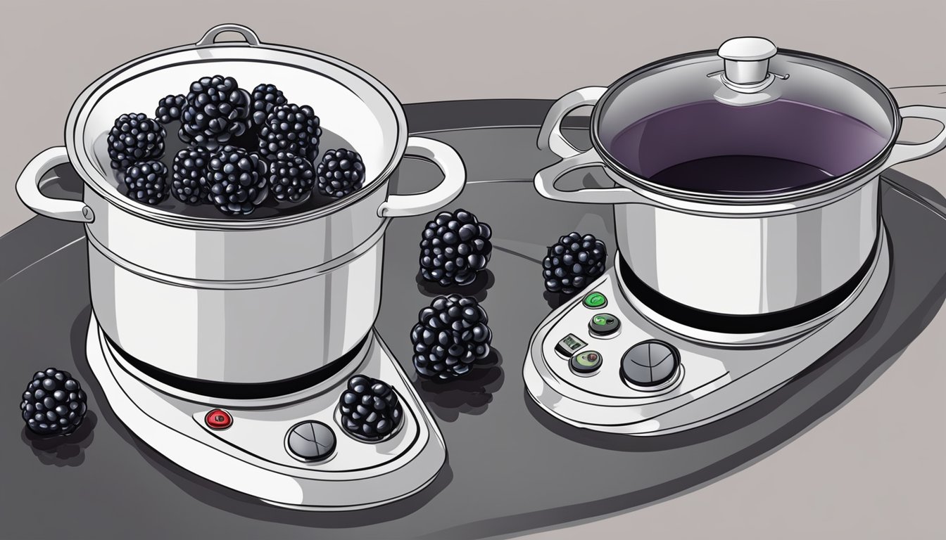 Fresh blackberries simmering in a pot of boiling water on a stovetop. A timer set for the perfect duration