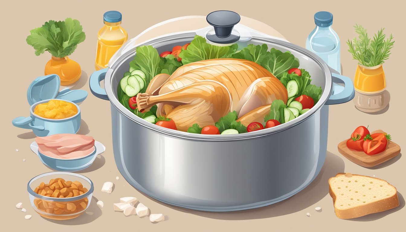 A pot of water with a fresh turkey breast inside, surrounded by ingredients for sandwiches and salads