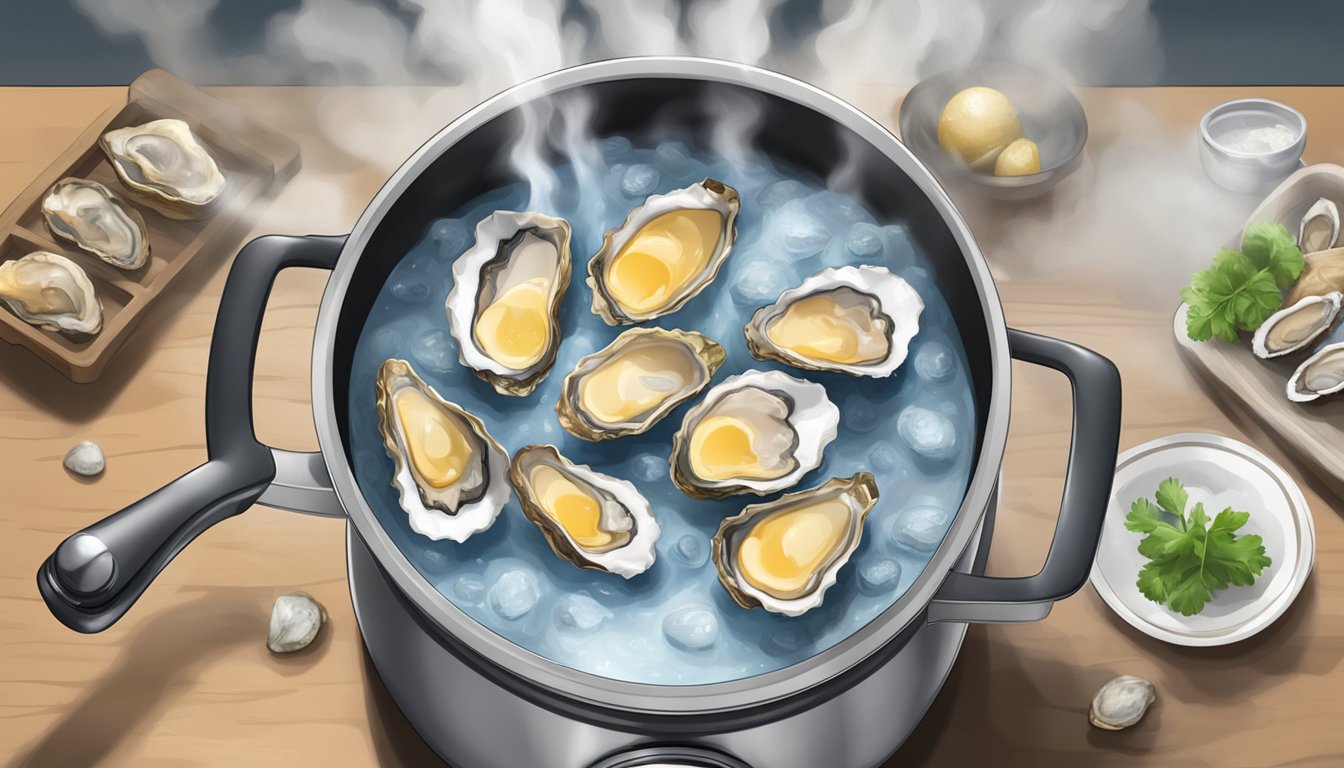 A pot of boiling water with fresh oysters being dropped in, steam rising, and a timer set for optimal flavor