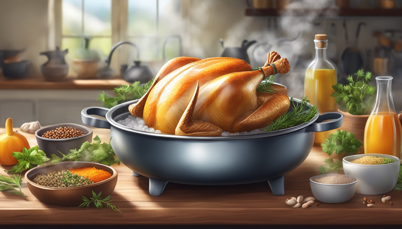 A pot of boiling water with a fresh turkey breast inside, steam rising, surrounded by herbs and spices