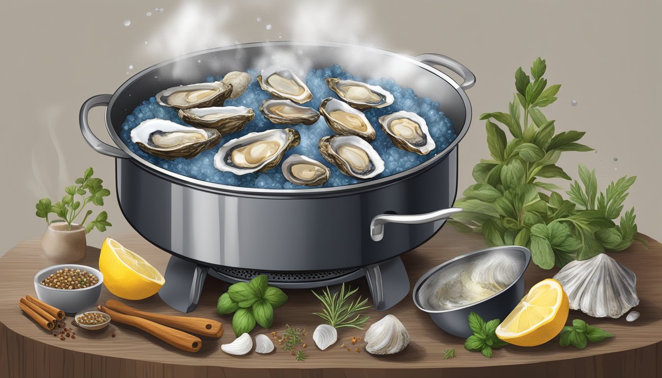 A pot of water boiling on a stove, with fresh oysters being dropped in, surrounded by various herbs and spices