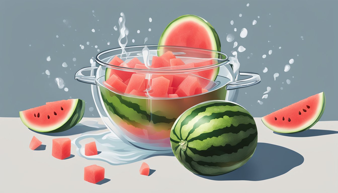 A pot of boiling water with fresh watermelon rind being submerged for pickling