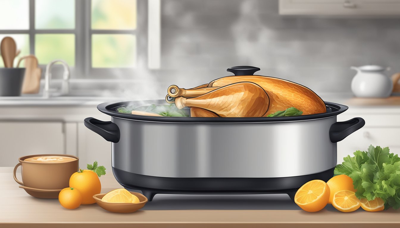 A pot of boiling water with a fresh turkey breast inside, a timer set nearby