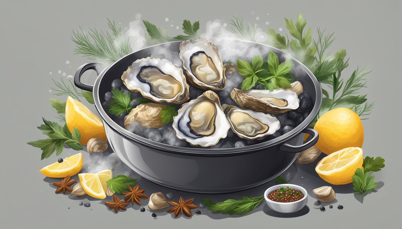 Fresh oysters boiling in a pot of flavorful stew, steam rising, surrounded by aromatic herbs and spices